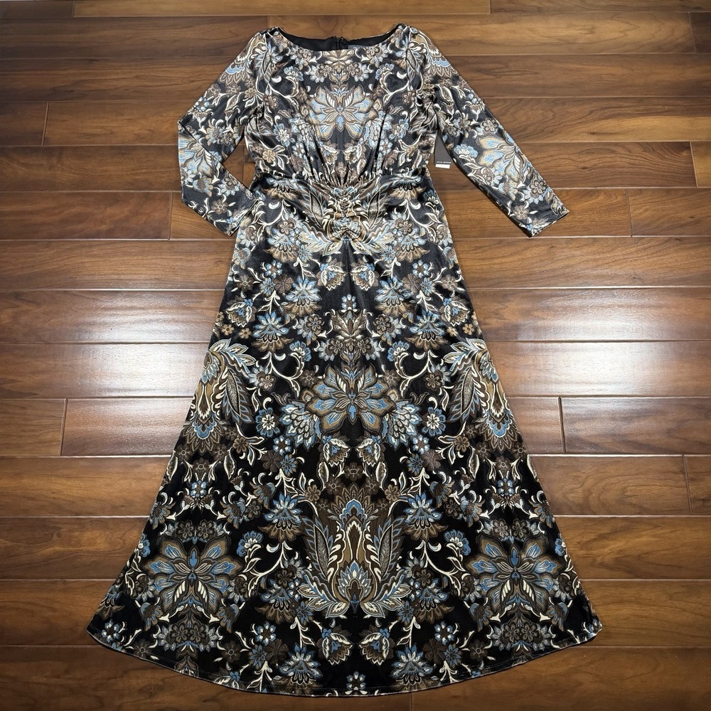 Julia Jordan Women's Size 16 Black Floral Velvet Long Sleeve Ruched Long Dress